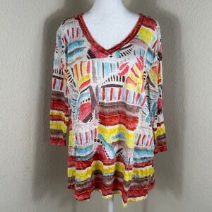 Shana Top Womens L Red Yellow Abstract Geometric Crinkle 3/4 Sleeve Lagenlook